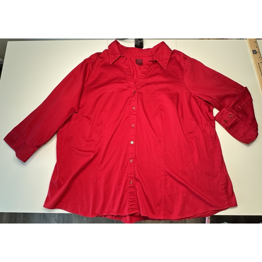 212 Collection Red Button Down Size 2x Womens 3/4 Sleeve Stretch Blouse Career